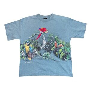 VTG Habitat‎ Parrot T-Shirt Mens L Teal 90s Nature Bird Graphic Wrap Around
